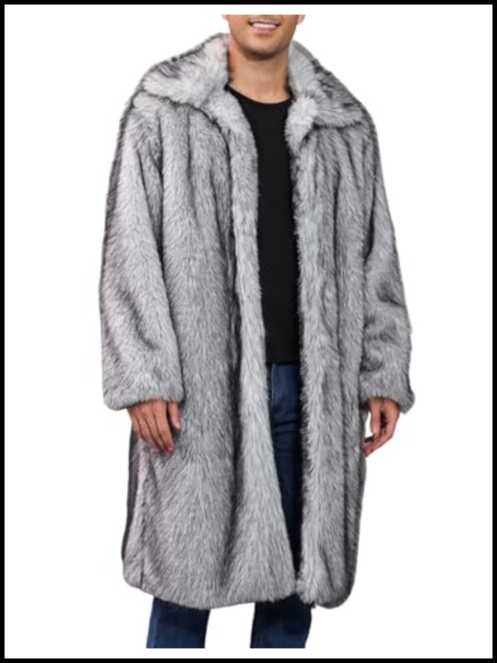 Men's Lapel Collar Long Fluffy Faux Fur Winter Coat Jacket Shaggy Furry